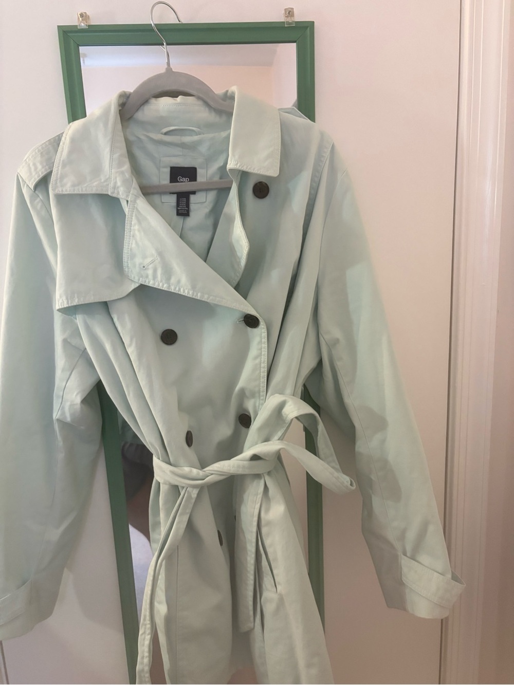 GAP Mint Green Double-Breasted Trench Coat with Tie Waist